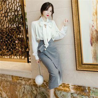 Set: Ribbon-neck Blouse + Midi Fitted Skirt
