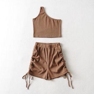 Set: One-shoulder Tank Top + Drawstring Shorts