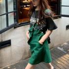 Elbow-sleeve Lettering Print T-shirt / Mini A-line Denim Overall Dress / Set