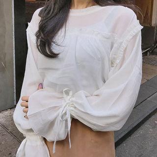 Frill-neck Beribboned Puff-sleeve Blouse