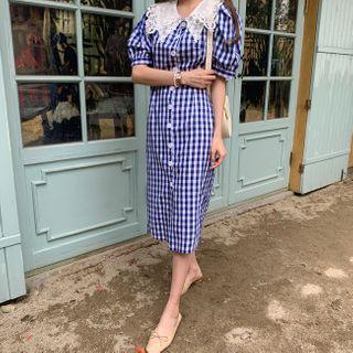 Laced-collar Gingham Shirtdress