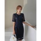 Buttoned Perforated Midi Lace Dress