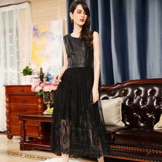 Sleeveless Genuine Leather Panel Mesh Cocktail Dress