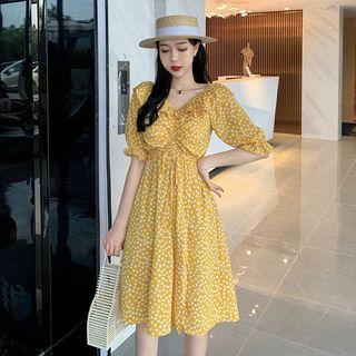 Puff-sleeve Floral Drawstring Waist Dress As Shown In Figure - One Size