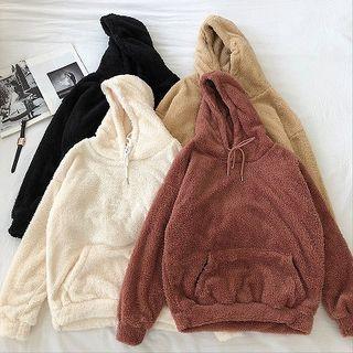 Plain Drawcord Fleece Long-sleeve Hooded Sweatshirt