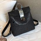 Sequined Faux Leather Flap Backpack Black - One Size