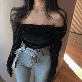 Long-sleeve Mesh Panel Ruffled Velvet Top