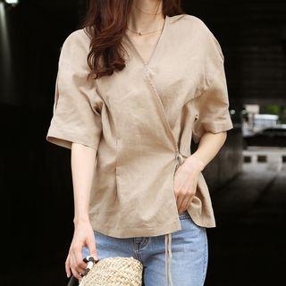 Wrap-front Pleated Linen Top