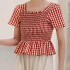 Short-sleeve Gingham Blouse Red - One Size