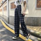 Plaid Straight-cut Pants Navy Blue - One Size