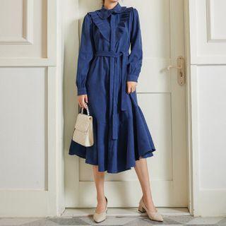 Collared Ruffle Trim Long-sleeve Dress