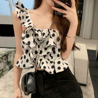 Two Tone Dotted Ruffle Tank Top As Shown In Figure - One Size