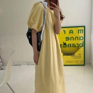 Puff-sleeve Loose Fit Plain Dress