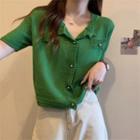 Short-sleeve Plain Pocket-detail Cardigan Dark Green - One Size