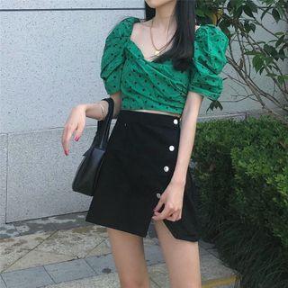 Balloon-sleeve Dotted Cropped Blouse / A-line Denim Skirt