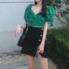 Balloon-sleeve Dotted Cropped Blouse / A-line Denim Skirt