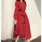 Long-sleeve Dotted Midi Shirt Dress Red - One Size