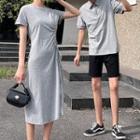 Couple Matching Short-sleeve Collared T-shirt / Midi Drawstring Dress