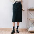 Fringed Front Slit Midi Pencil Skirt