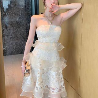 Ruffle Midi A-line Lace Tube Dress
