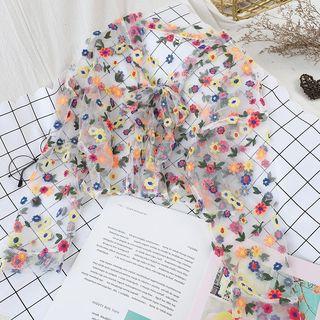 Flower Embroidered Mesh Top White - One Size