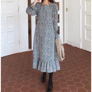 Long-sleeve Floral Print Midi Dress Bluish Green - One Size
