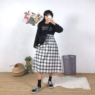 Drawstring-waist Plaid Long Skirt