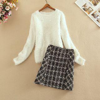 Set: Crew-neck Sweater + Plaid Tweed Skirt