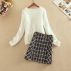 Set: Crew-neck Sweater + Plaid Tweed Skirt