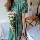 Puff-sleeve Plaid Dress Green - One Size