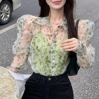 Set: Floral Shirt + Camisole Top Set Of 2 - Shirt - Translucent + Camisole Top - Green - One Size