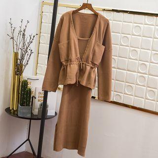 Set: Lace-up Knit Jacket + Spaghetti Strap Knit Dress