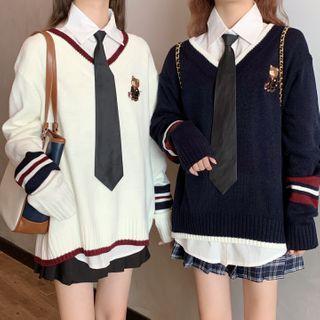 Plain Long Sleeve Shirt / Embroidered V-neck Sweater / Pleated Skirt