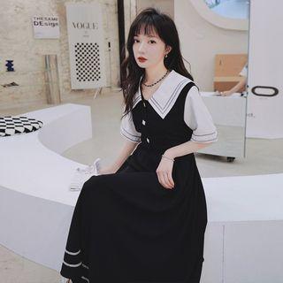 Mock Two-piece Short-sleeve Contrast Stitched Midi Dress