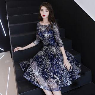 Elbow-sleeve A-line Midi Evening Dress