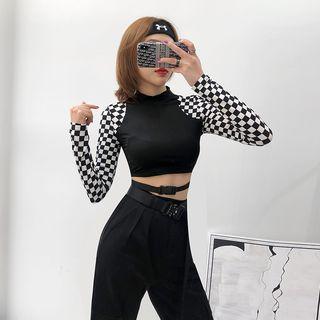 Buckled-accent Check-sleeved Crop T-shirt