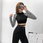 Buckled-accent Check-sleeved Crop T-shirt