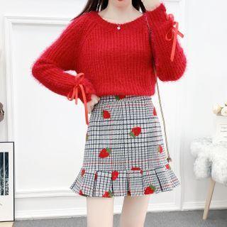Set: Long-sleeve Bow-accent Knit Sweater + High-waist Plaid Panel Strawberry Printed Mermaid Skirt