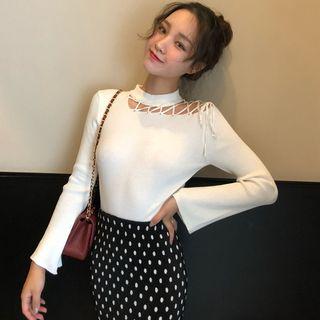 Long-sleeve Mock Neck Lace-up Knit Top