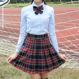 Set: Plain Shirt + Pleated Plaid Skirt + Neck Tie