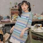 Elbow-sleeve Striped T-shirt Stripe - Multicolor - L