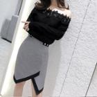 Long-sleeve Lace Panel Top / Asymmetric Hem Mini Skirt
