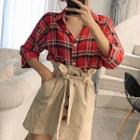 Plaid Shirt / High-waist Buttoned A-line Skirt