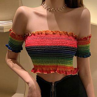 Short-sleeve Striped Frill Trim Cropped Top