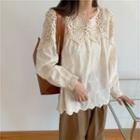 Long-sleeve Lace Panel Top Almond - One Size