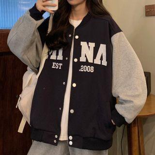 Color Block Lettering Long-sleeve Baseball Jacket