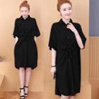 Elbow-sleeve Front-tie Shirt Dress