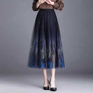 Feather Print Ombre Midi A-line Mesh Skirt