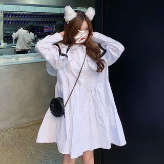 Long-sleeve Sailor Collar Frill Trim A-line Dress White - One Size