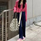 Cropped Long-sleeve Knit Top / High-waist Drawstring Wide-leg Pants